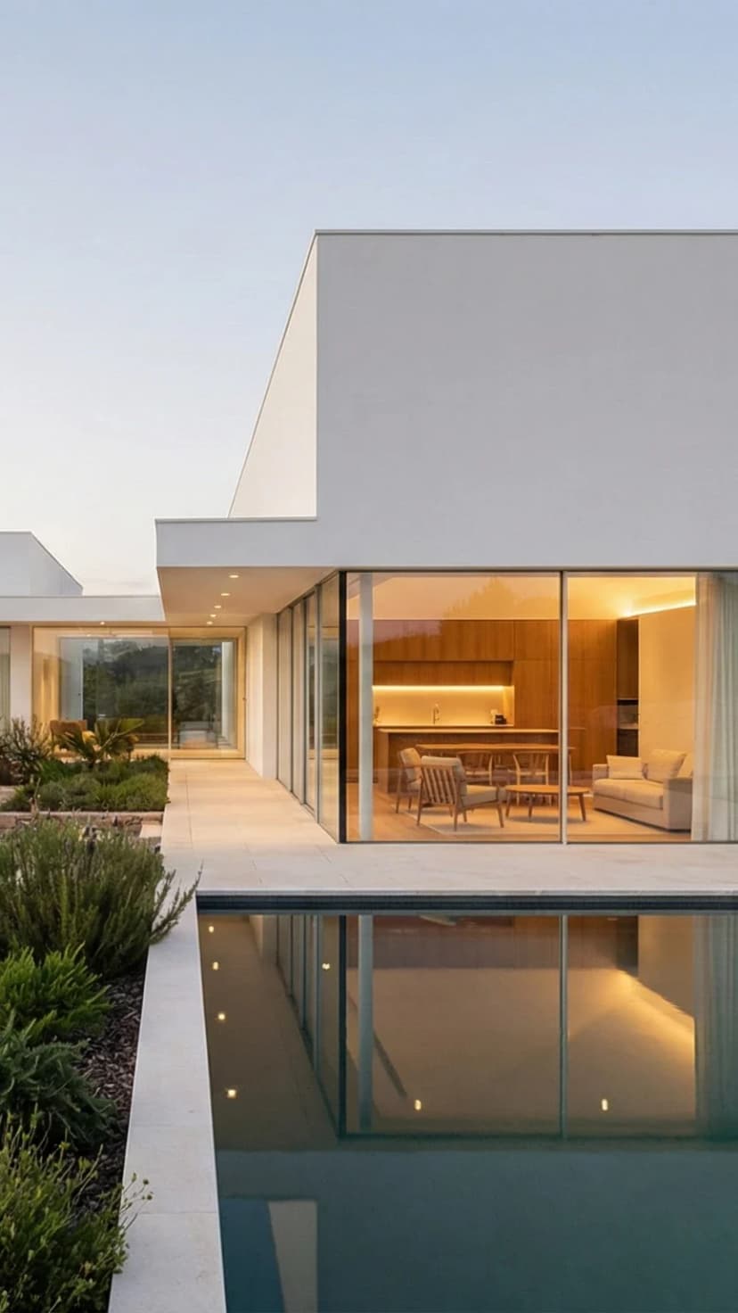 Imagem de renderização 3D de uma villa branca com piscina e jardim