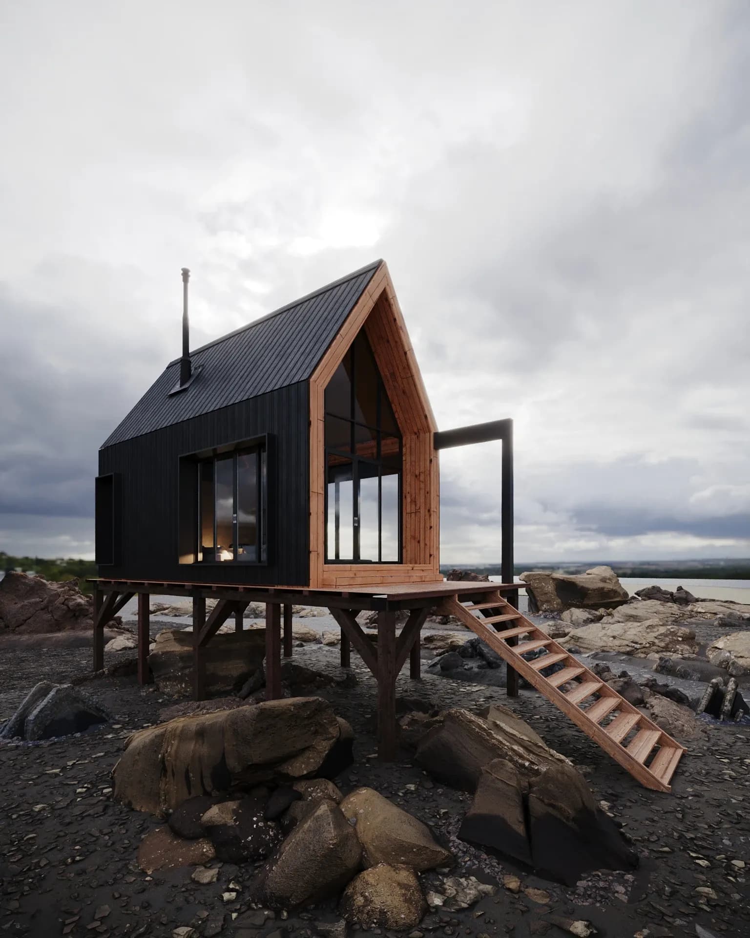 Renderização 3D de cabana em madeira sobre palafitas numa paisagem rochosa