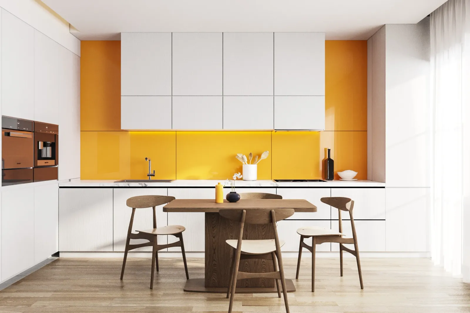 Renderização 3D de cozinha com splashback amarelo e mesa de jantar