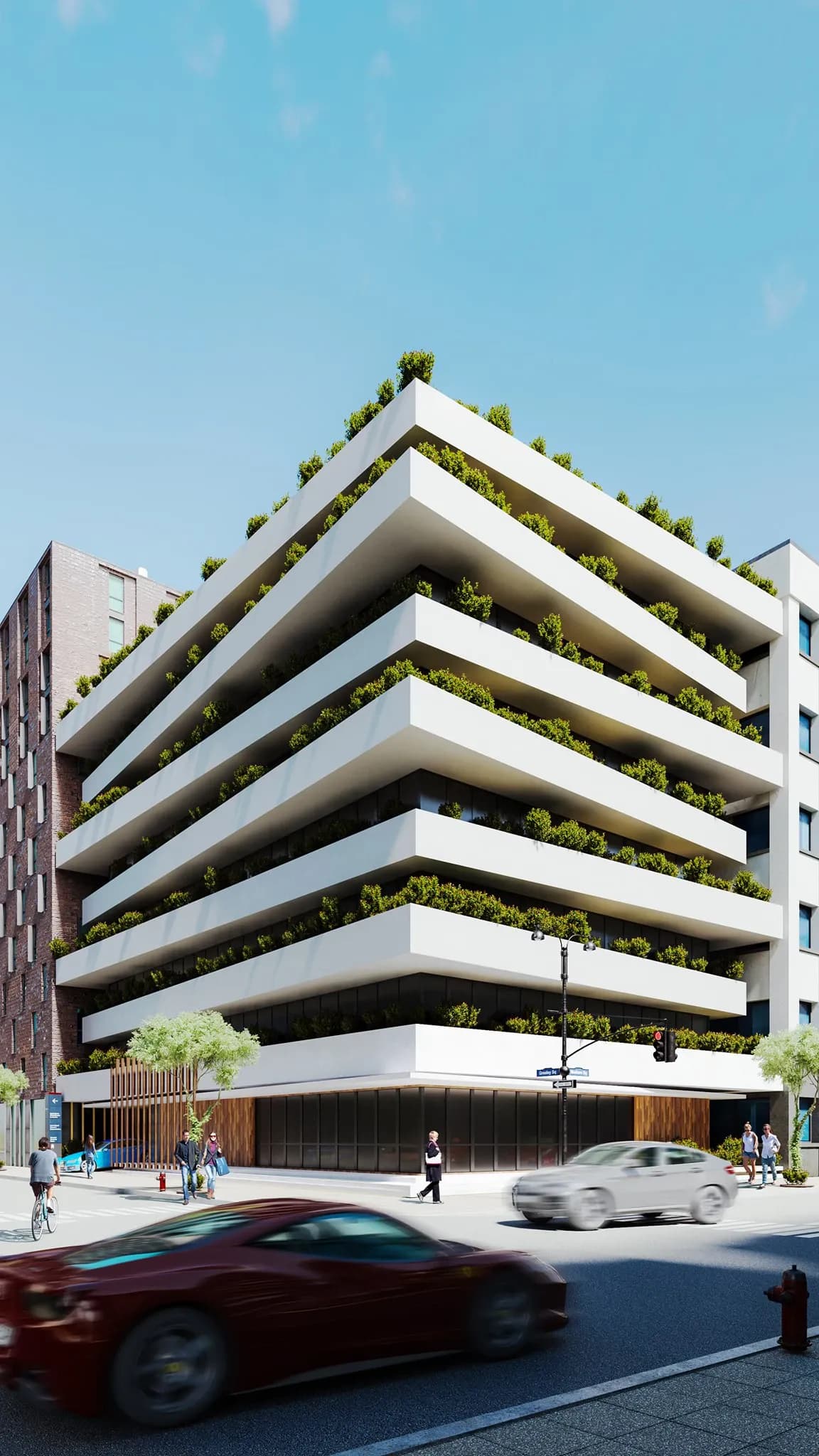 Renderização 3D de edifício com varandas ajardinadas e fachada urbana