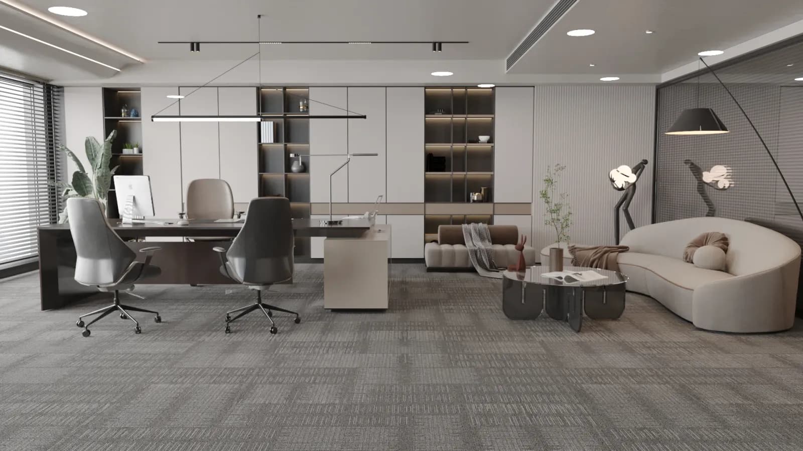 Renderização 3D de escritório executivo com zona de estar e sofá