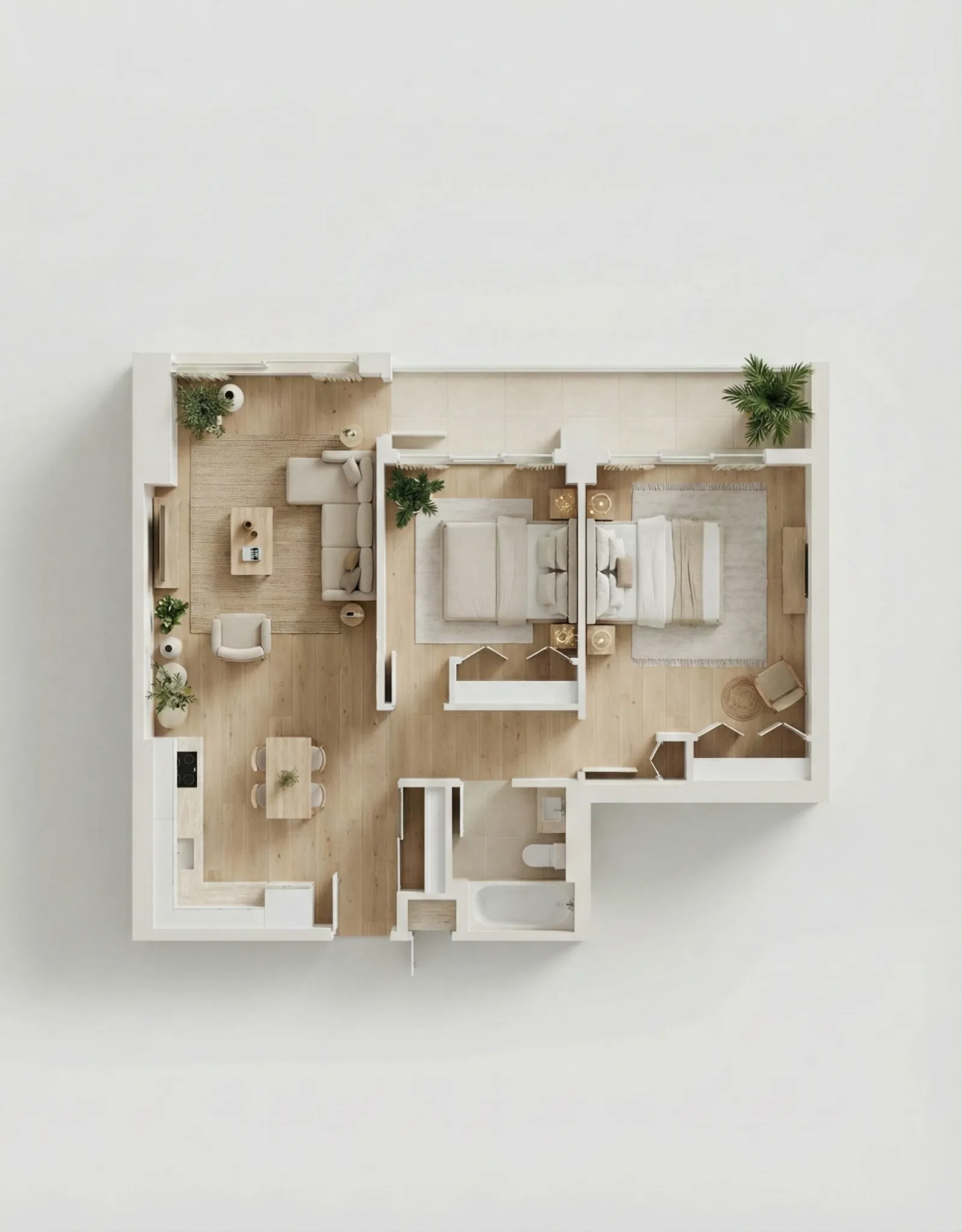 Planta humanizada de apartamento T2 em vista de topo