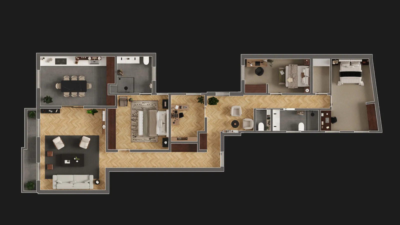 Planta humanizada de apartamento T3 amplo em vista de topo
