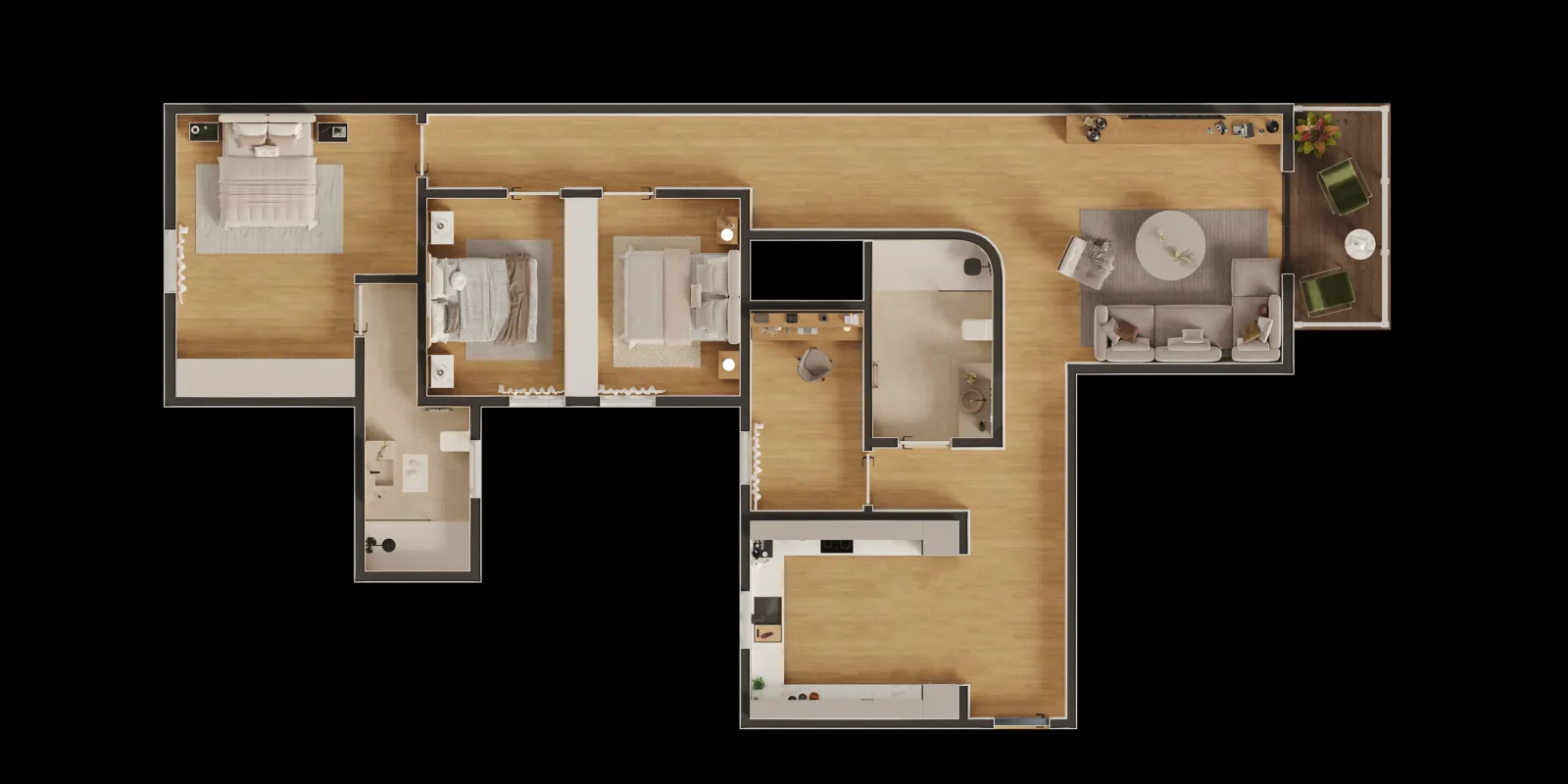 Planta humanizada de apartamento T3 em vista de topo