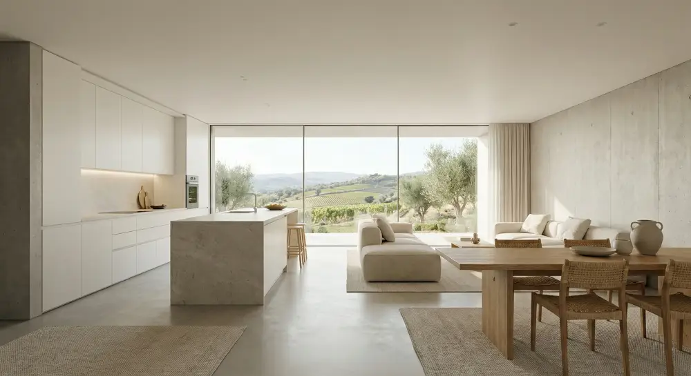 Norma 3D — cozinha e sala de jantar com vista para a vinha