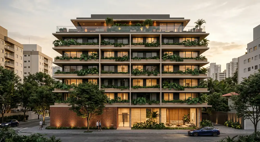 Norma 3D — edifício residencial com varandas verdes