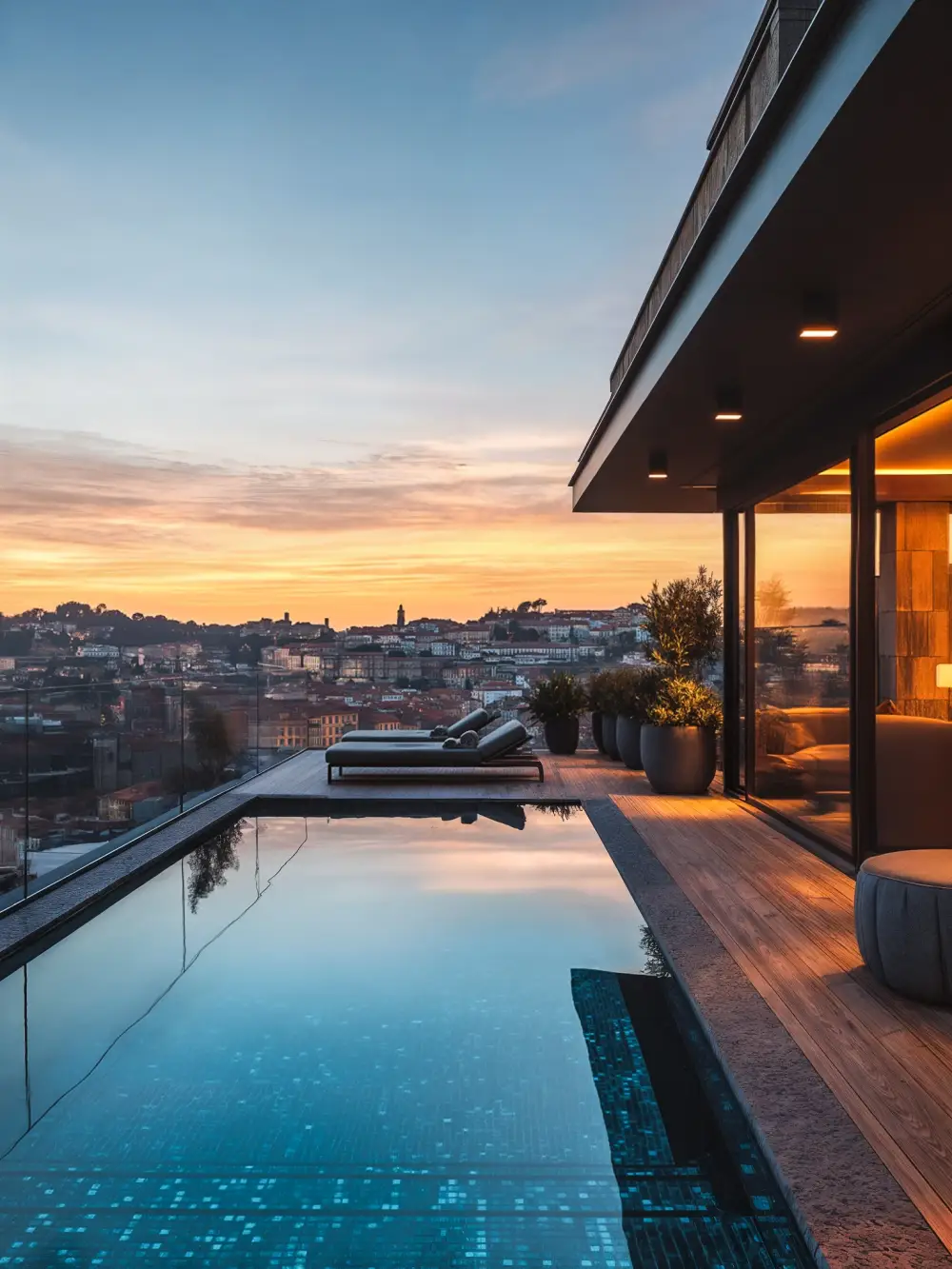 Norma 3D — piscina em terraço com vista para a cidade ao entardecer