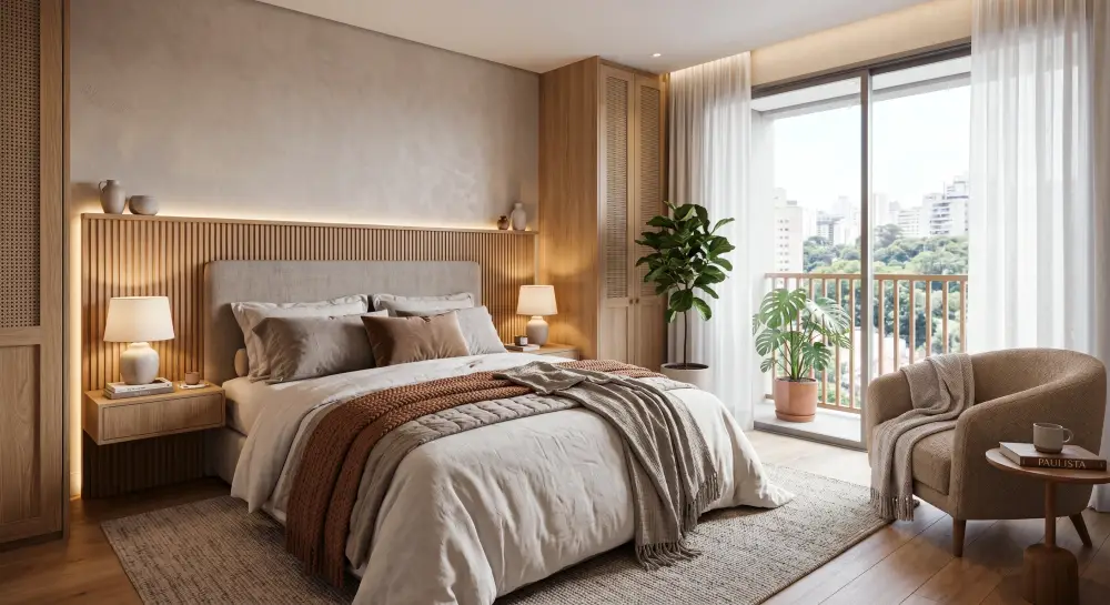 Norma 3D — quarto com varanda e vista para a cidade