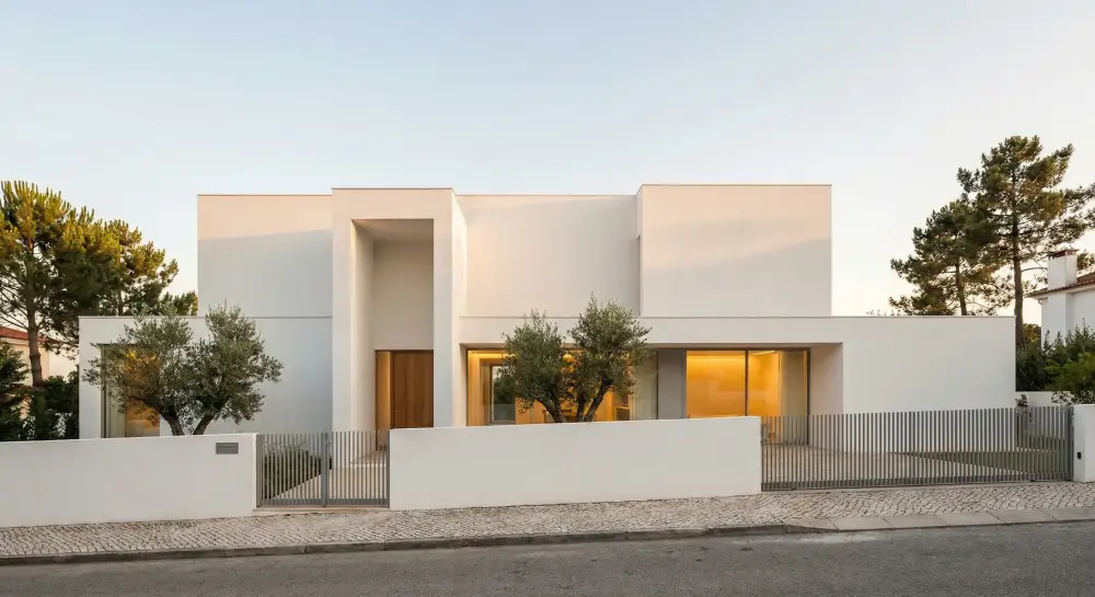 Norma 3D — villa branca minimalista ao entardecer