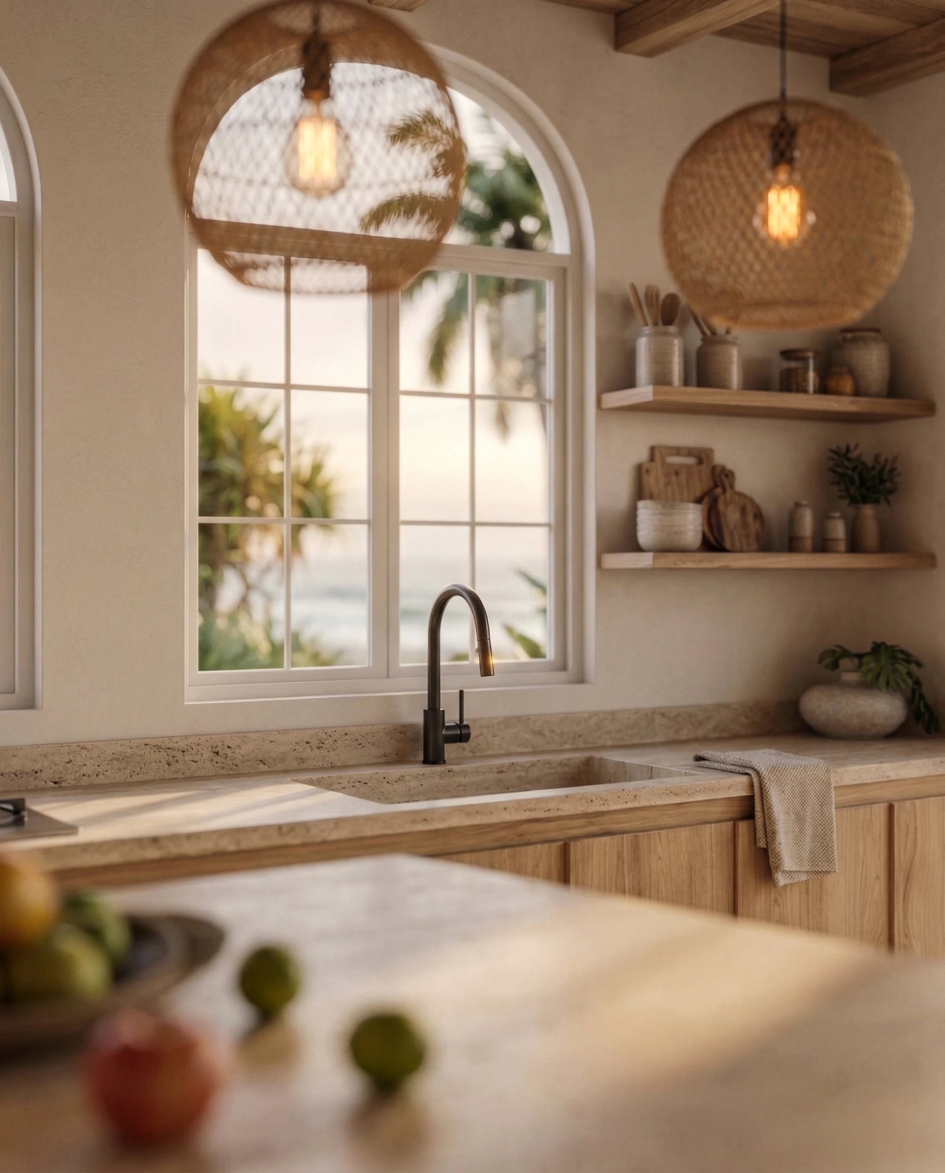 Bali — cozinha lavatorio candeeiros rattan