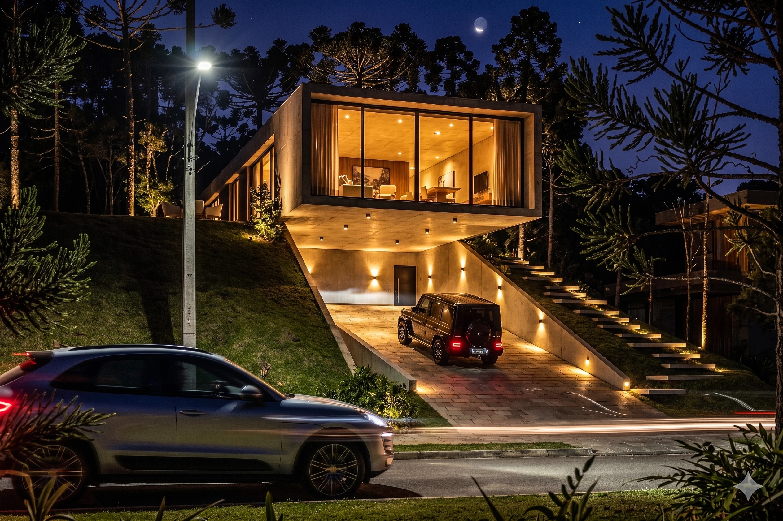 Casa Altos — fachada noturna garagem