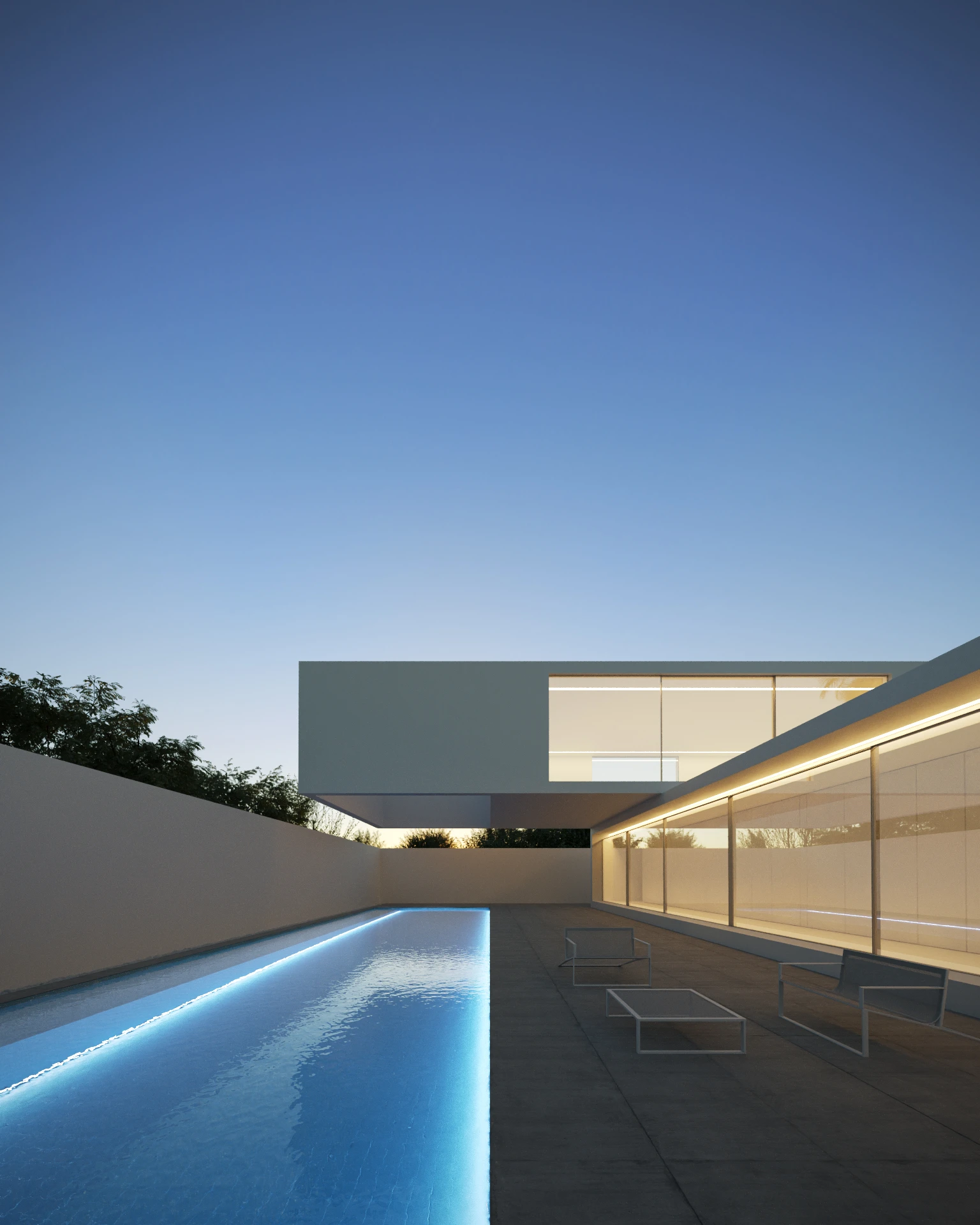 House of Sand — piscina iluminada entardecer