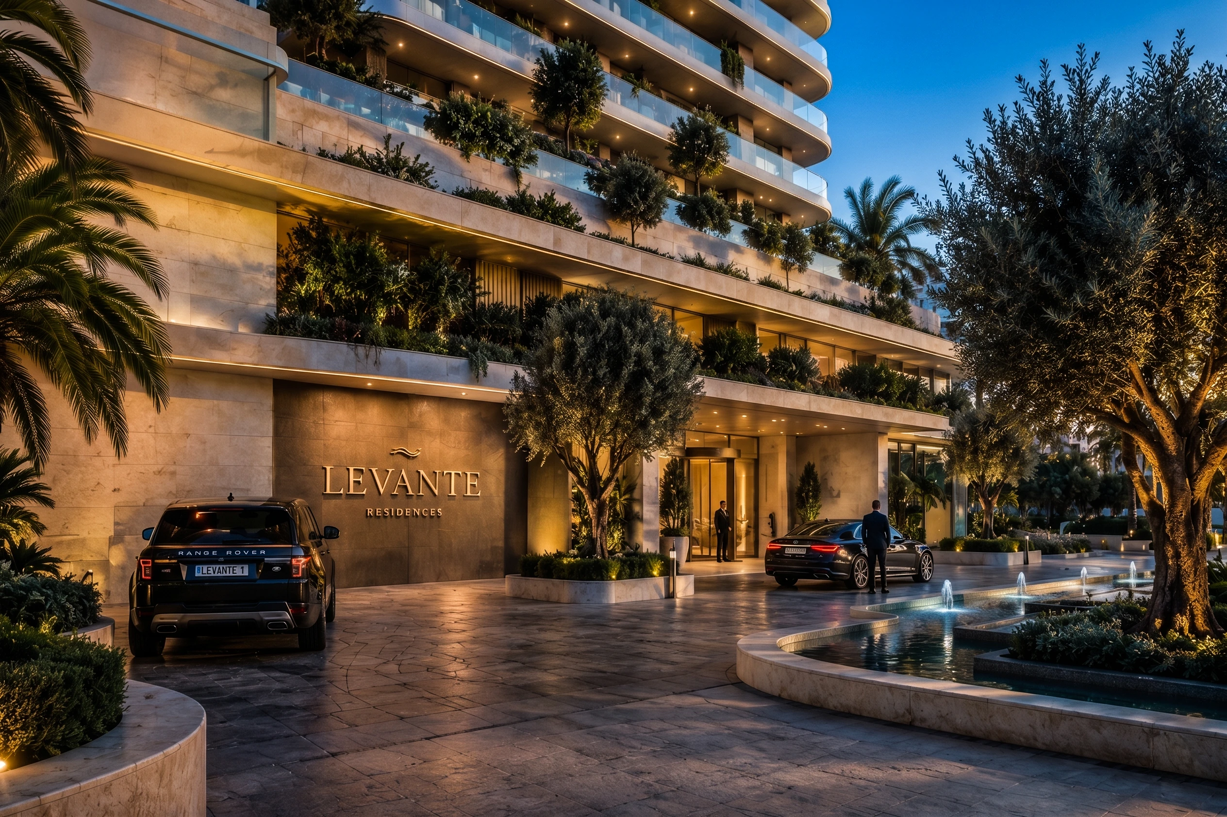 Levante Residences — entrada lobby noturna