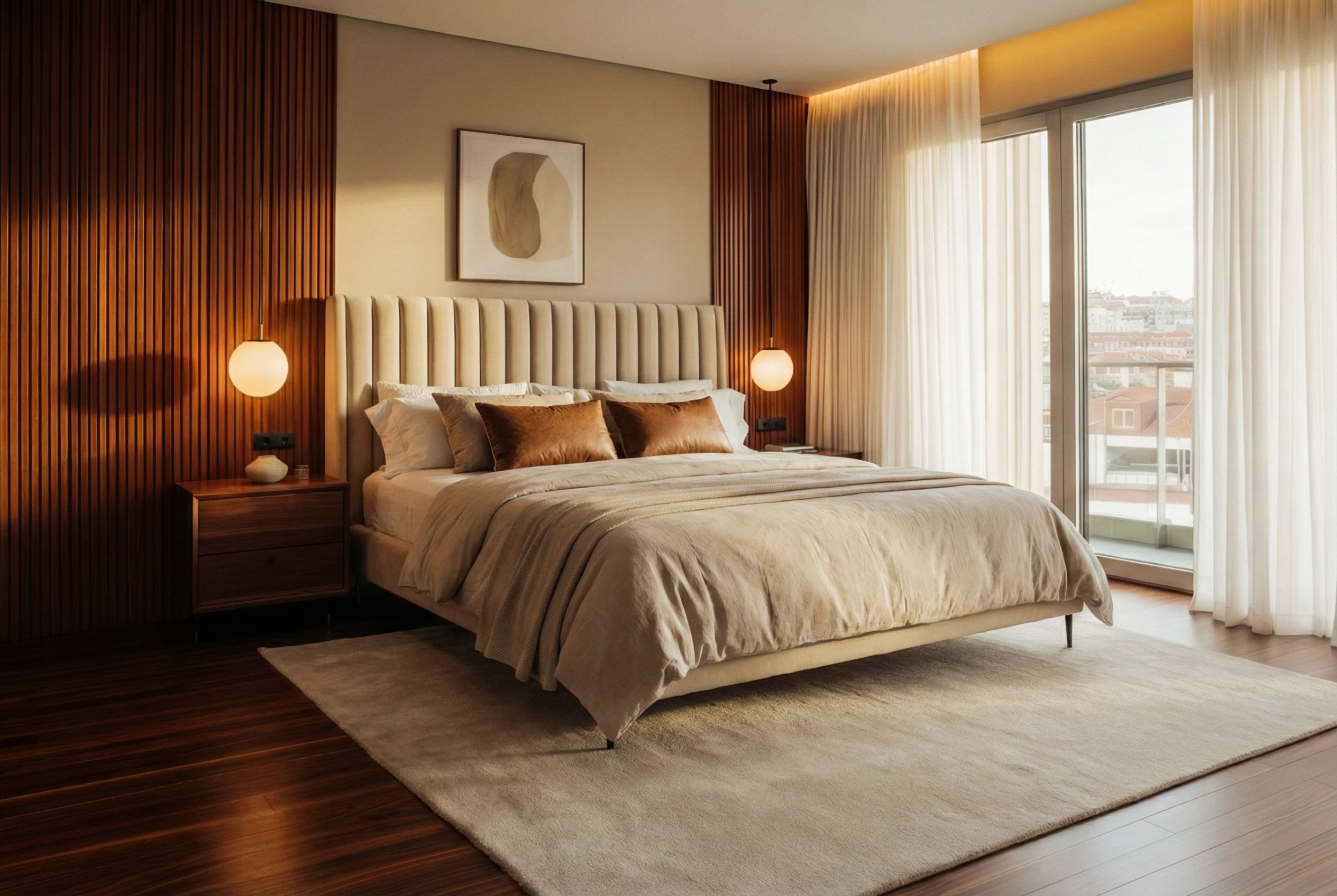 Penthouse Porto — quarto cabeceira madeira