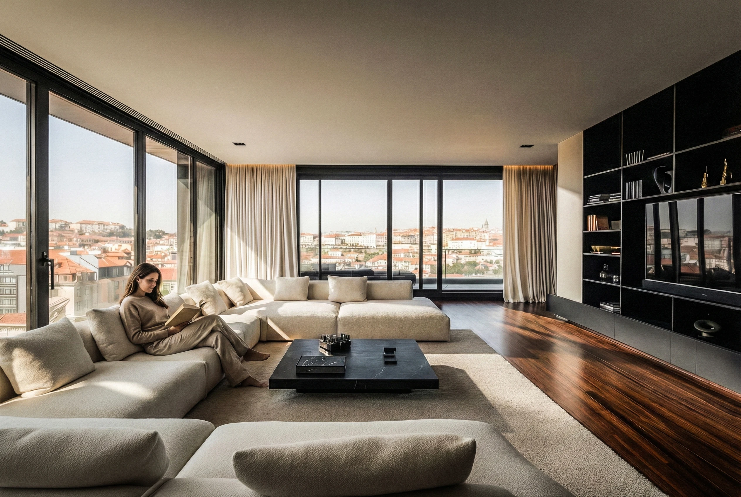 Penthouse Porto — sala estar vista cidade