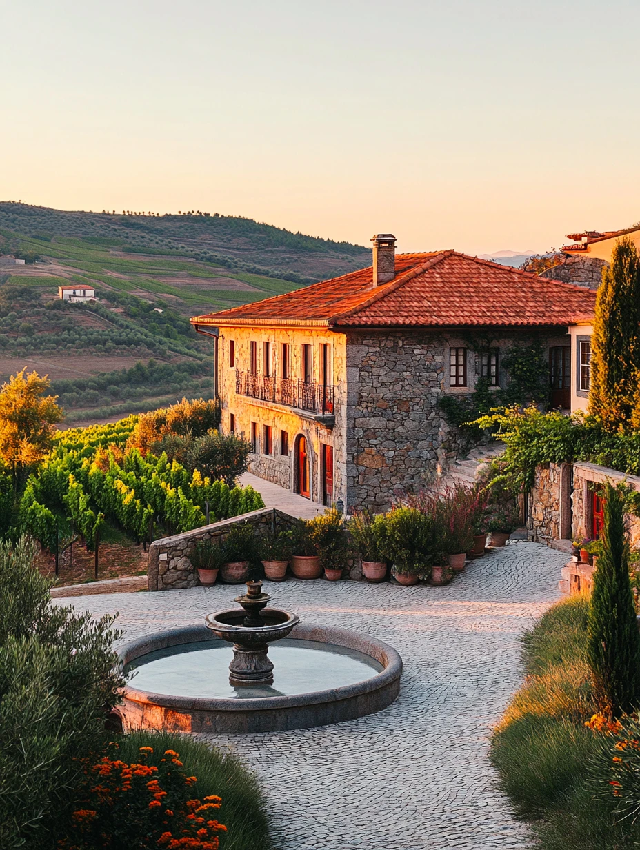 Quinta do Douro — fachada fonte circular entardecer