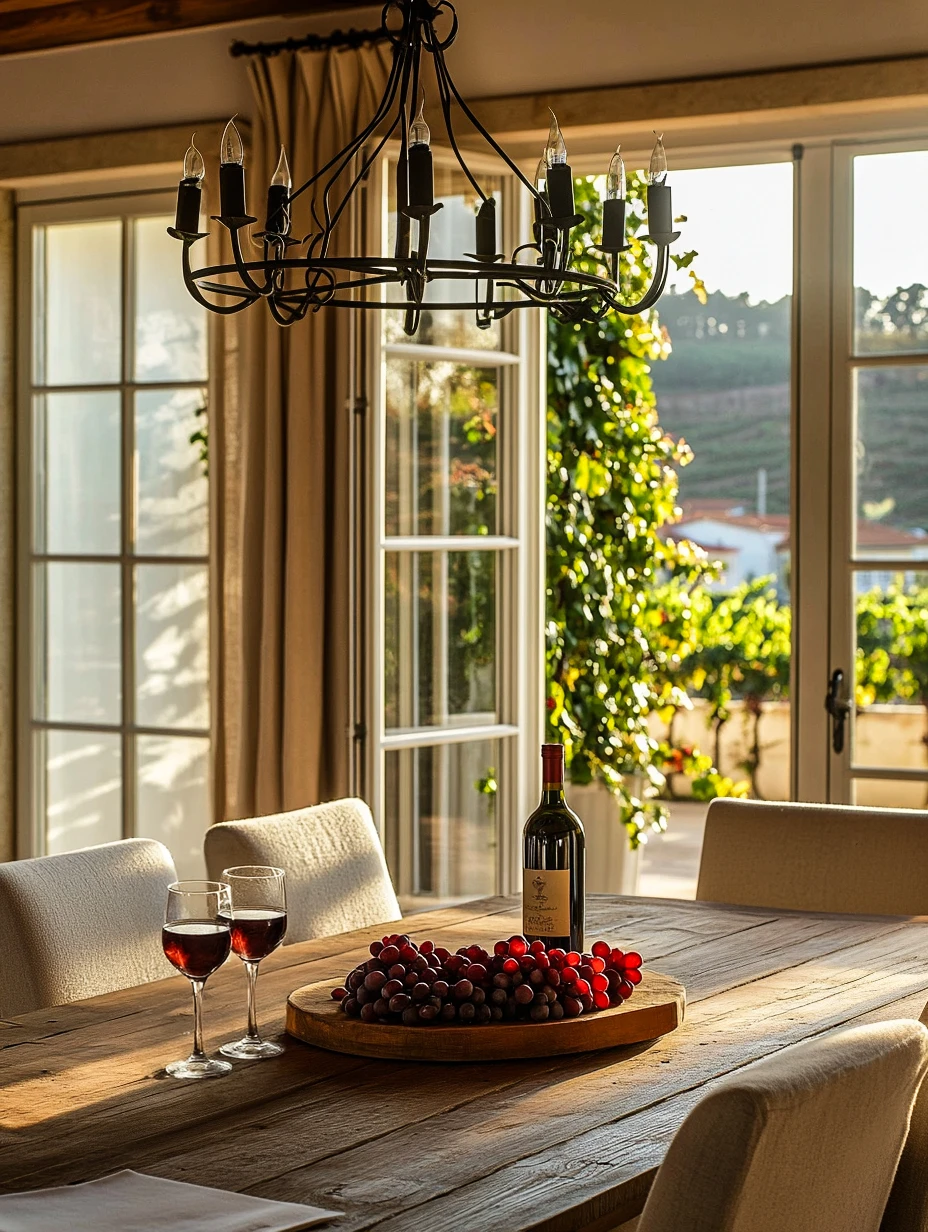 Quinta do Douro — mesa jantar vinho uvas candelabro