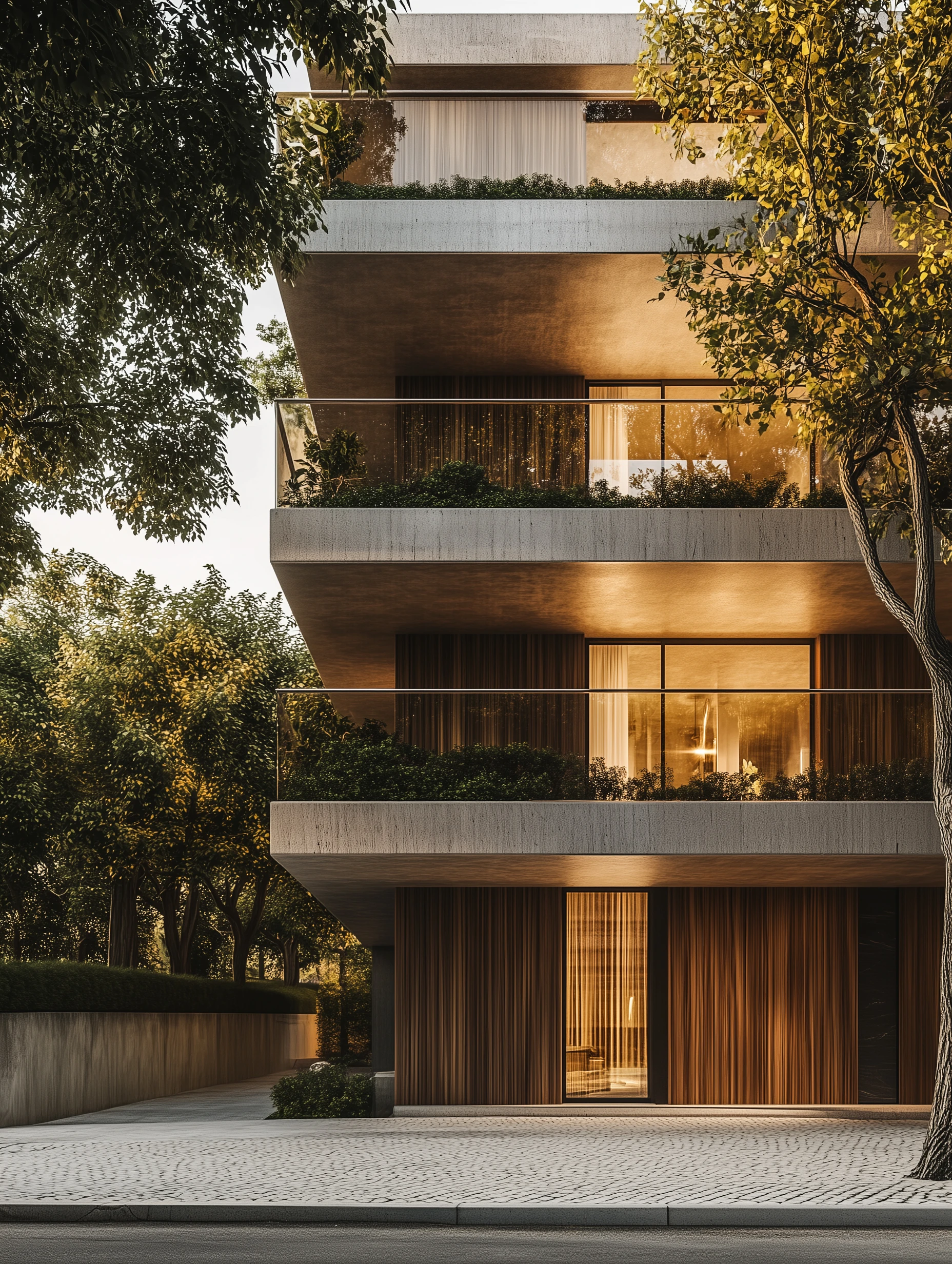 Contemporary Residential Project — fachada noturna arvores