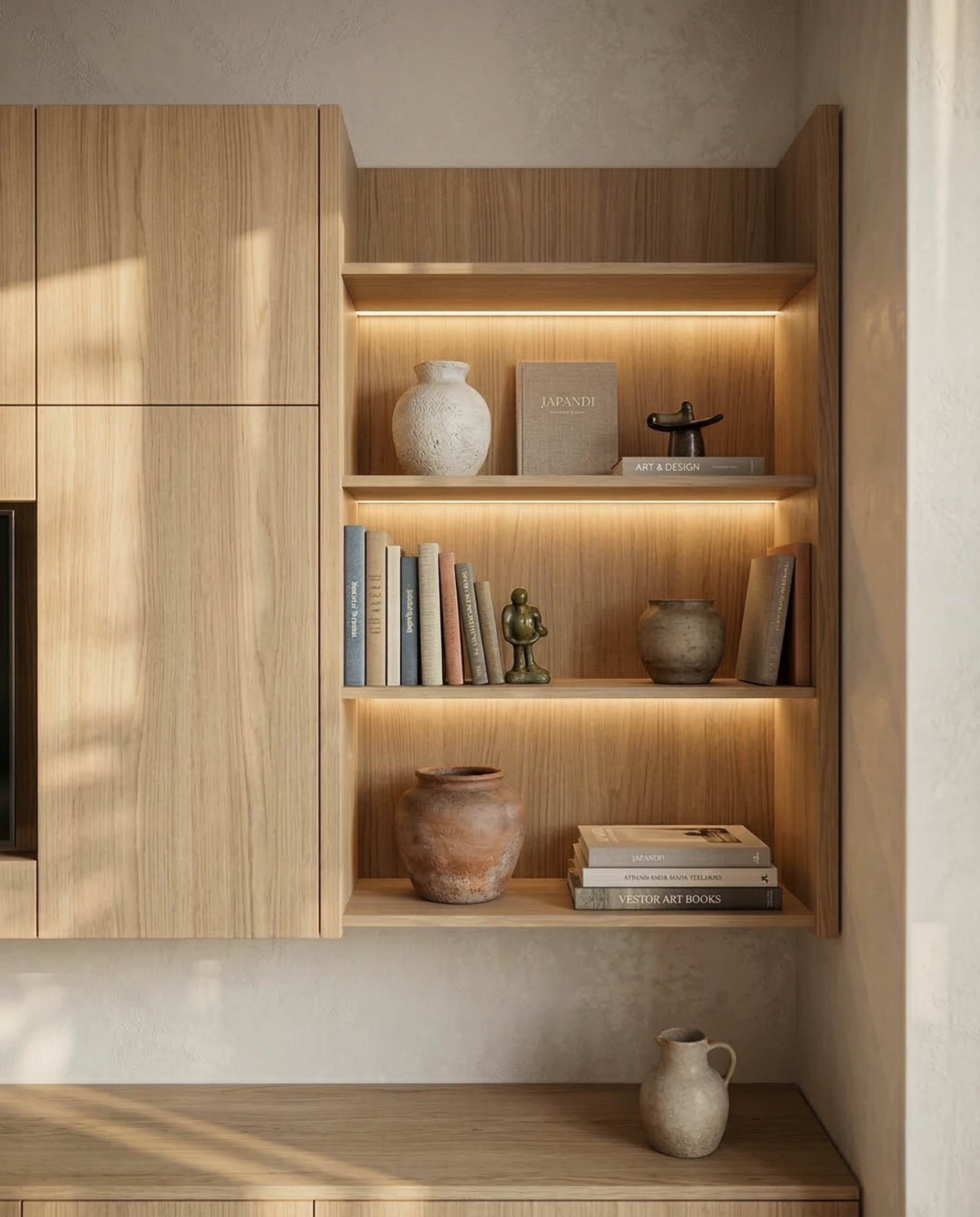 Sala Japandi — estante detalhe ceramica livros