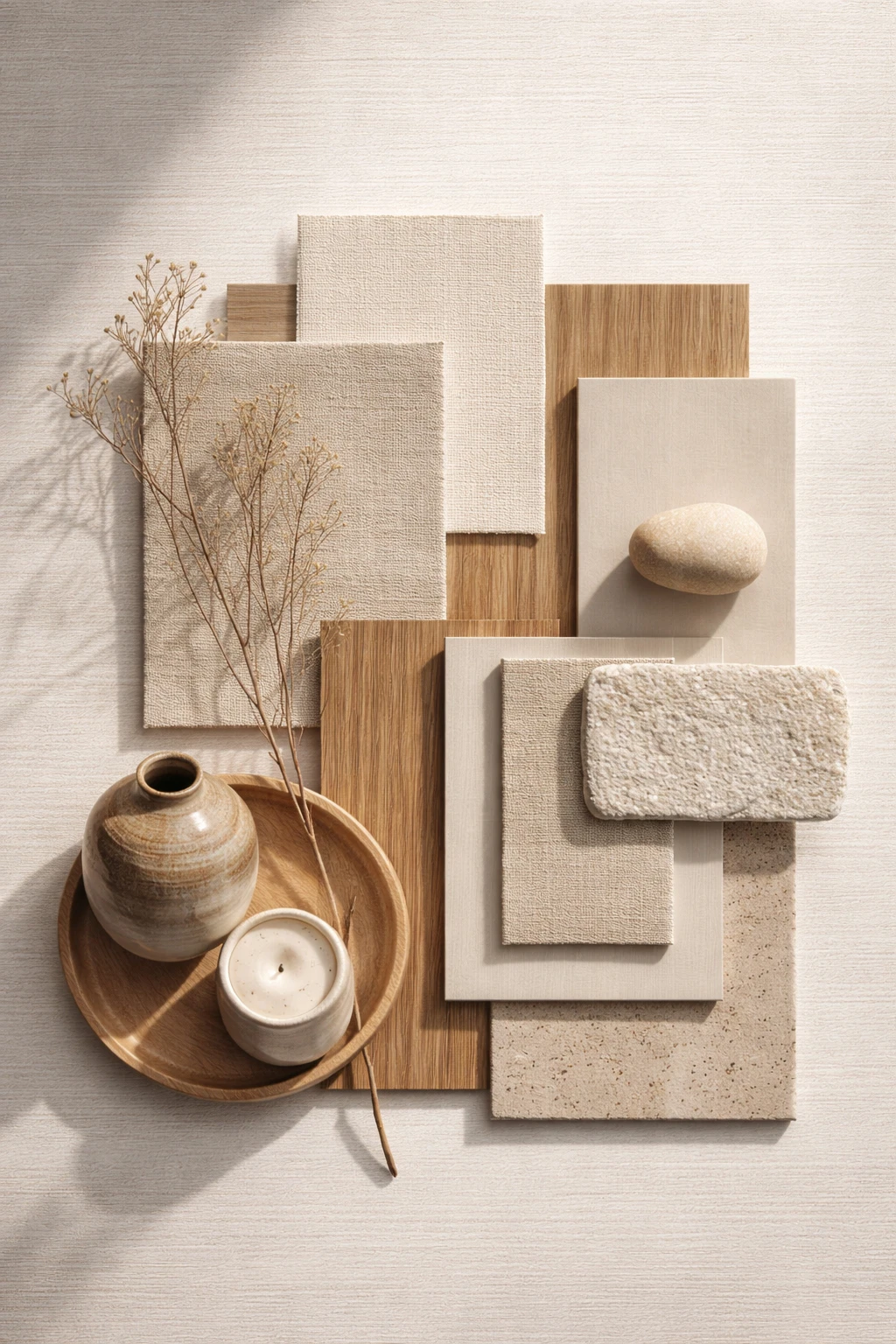 Sala Japandi — moodboard materiais naturais