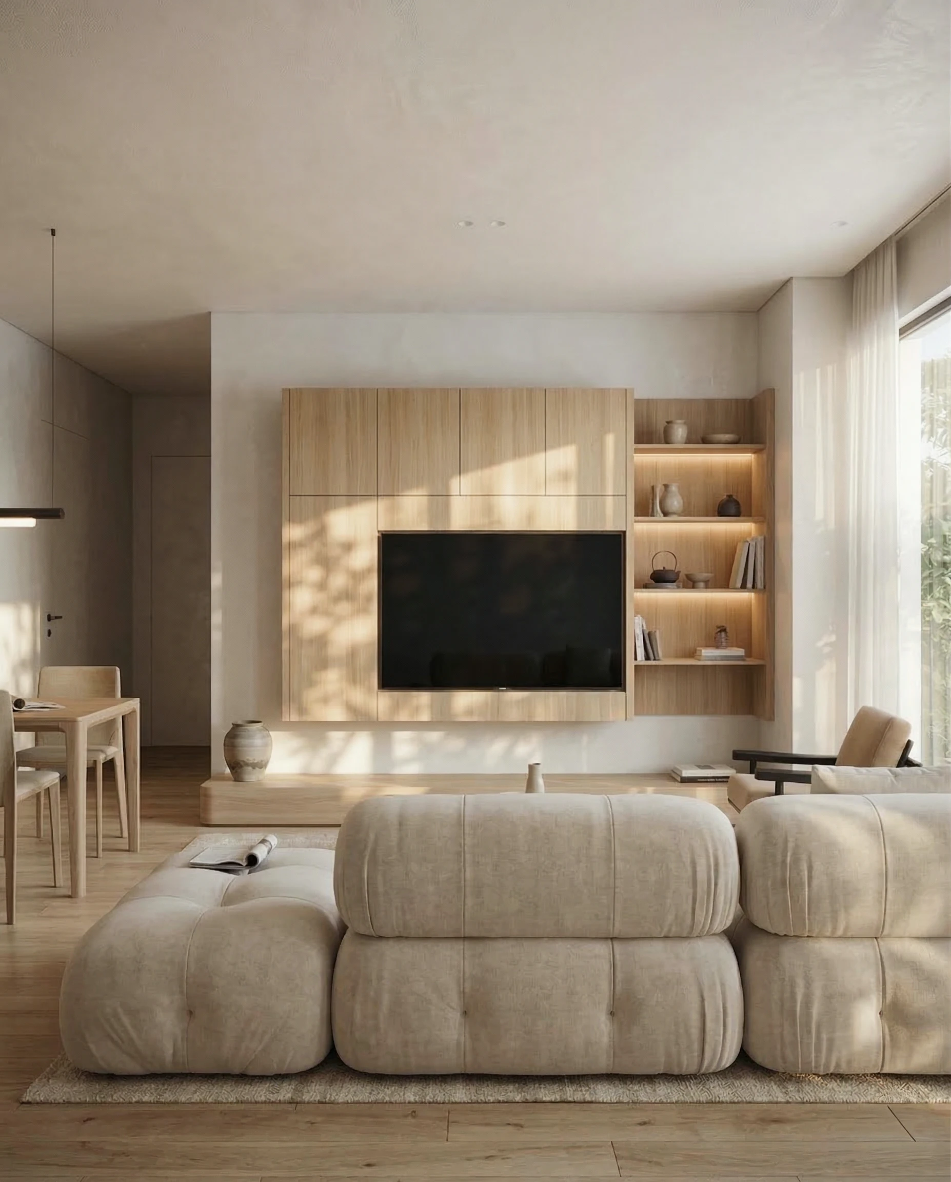 Sala Japandi — sofa bouclé zona jantar