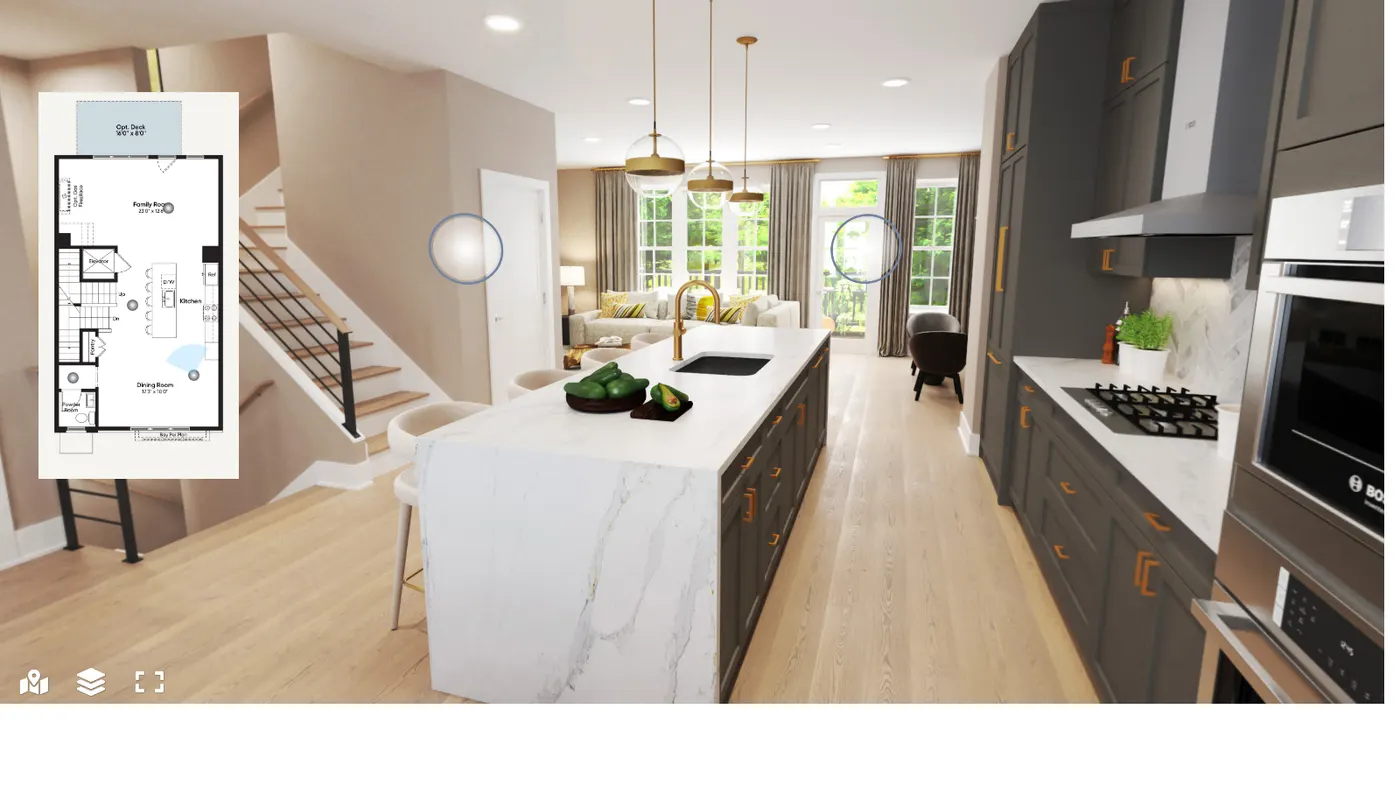 Tour virtual 360° de cozinha e sala em open space